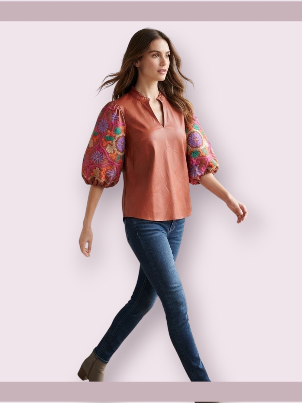 THML Faux Leather Embroidered Puff Sleeve Top